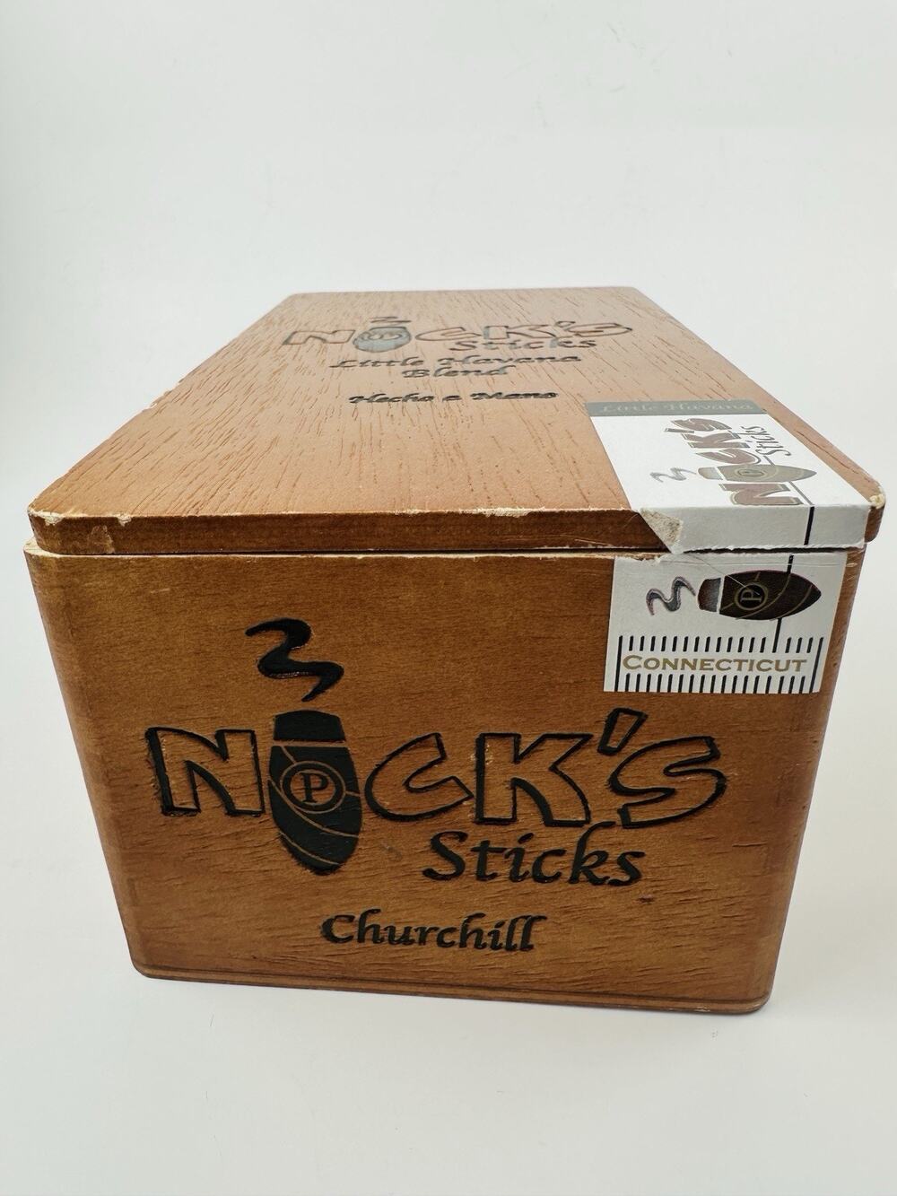 Nick's Sticks Connecticut Churchill Wooden 20 Cigar Box engraved Logo Dovetail